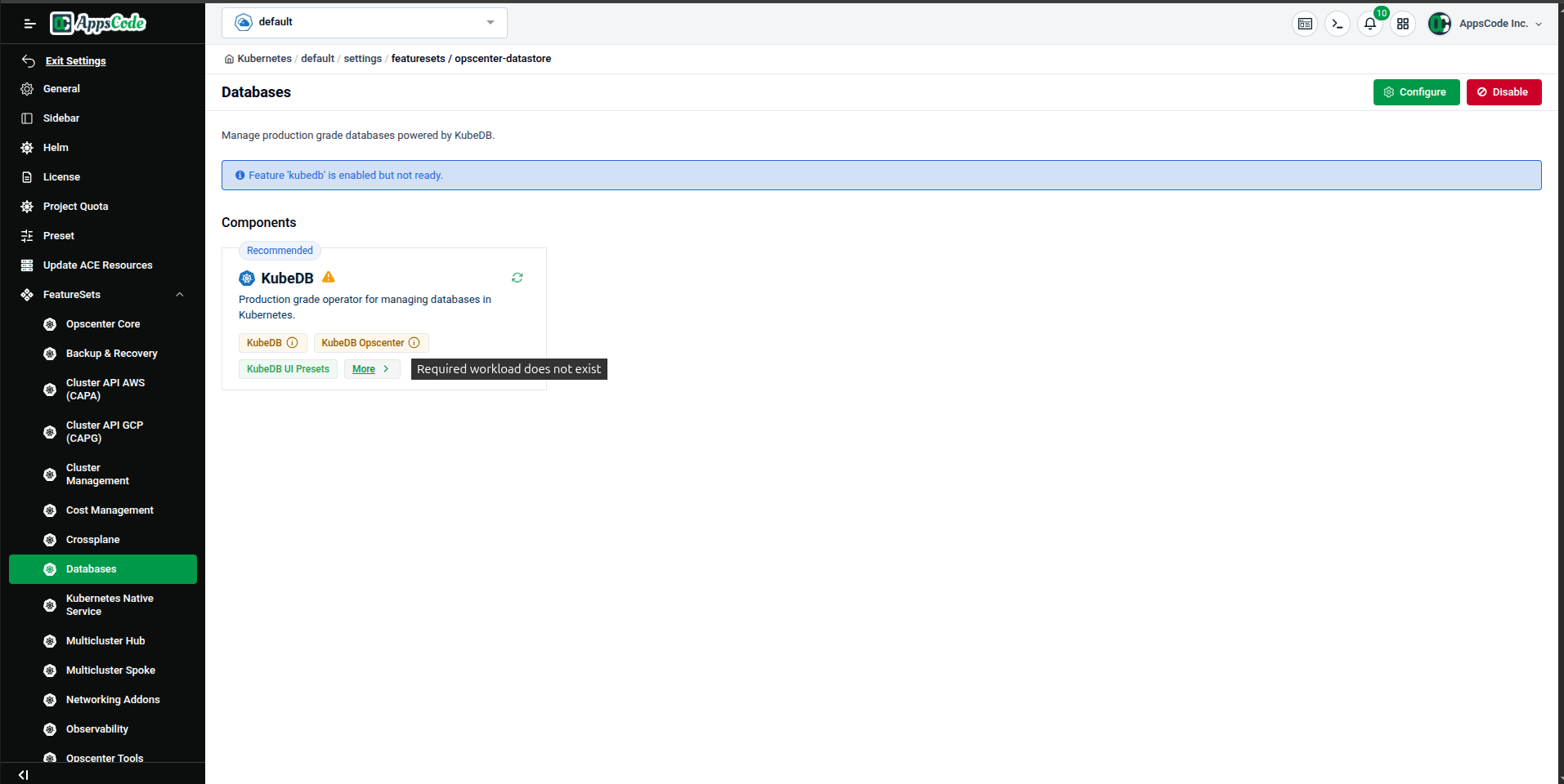 Databases page in partially-ready state — KubeDB component showing warning with tooltip