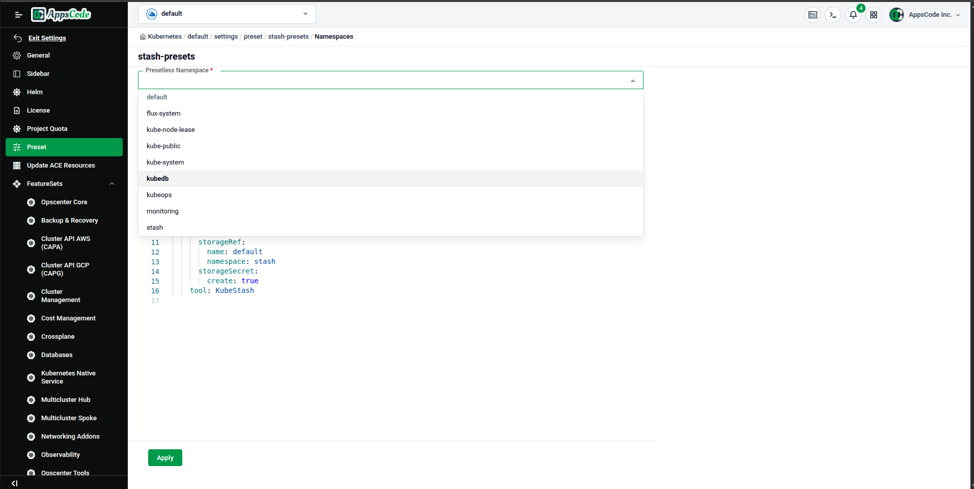 Extend to Namespace page — dropdown listing available namespaces for the preset to be applied to