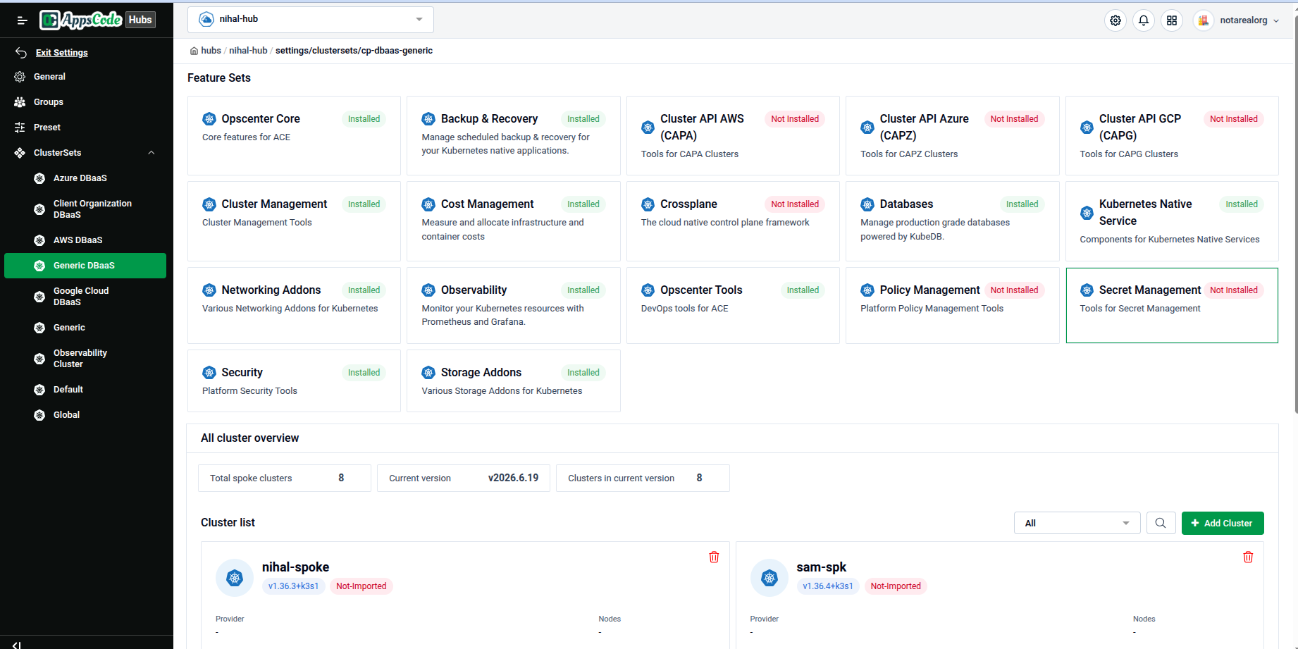 Feature Sets page of a ClusterSet