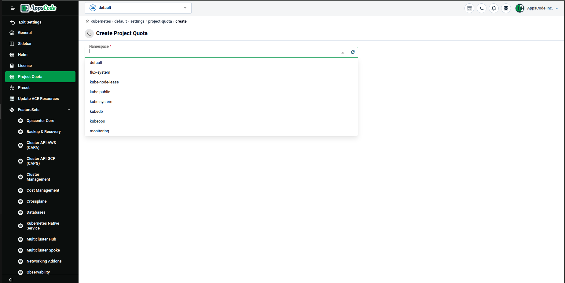 Namespace dropdown open, showing available namespaces like default, kubedb, kubeops, kube-system, etc.