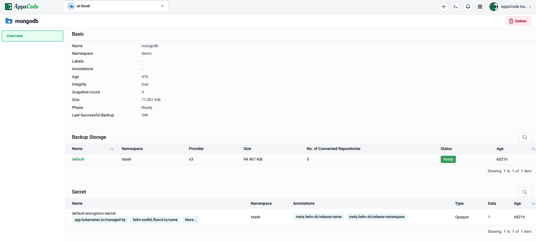 Repository detail page showing Basic info, Backup Storage, Snapshots, and linked resources