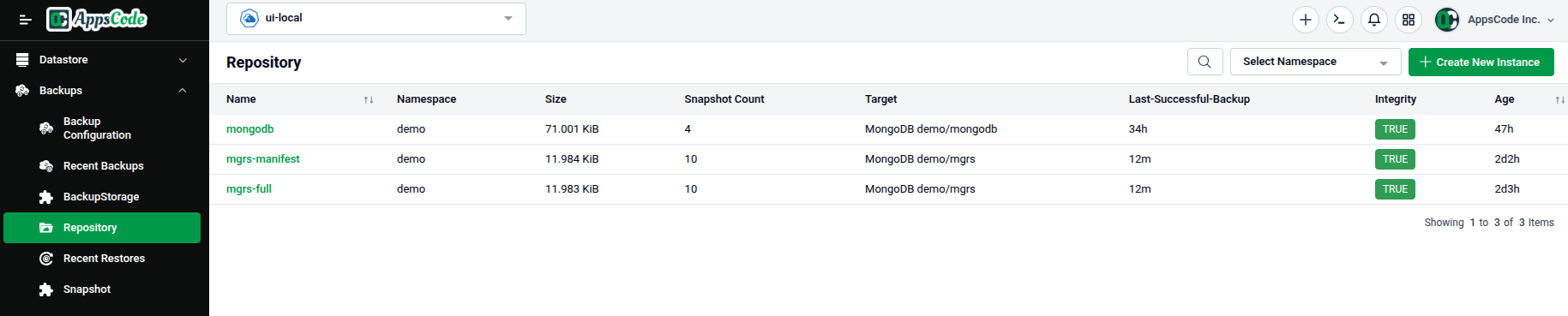 Repository list page showing resources with Name, Namespace, BackupStorage, Target, Size, Phase, and Age columns
