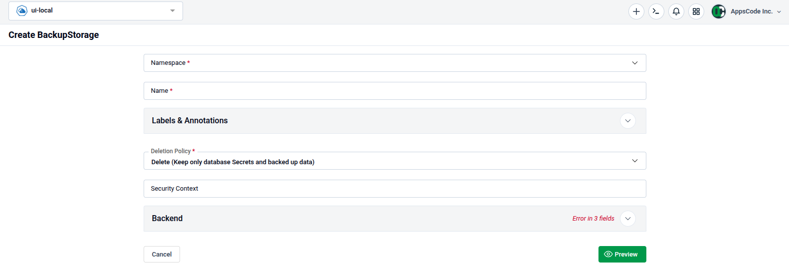 Create BackupStorage form showing Namespace, Name, Labels & Annotations, Deletion Policy, Security Context, and Backend sections
