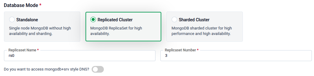 Replicated Cluster mode selected showing Replicaset Name (rs0) and Replicaset Number (3) fields