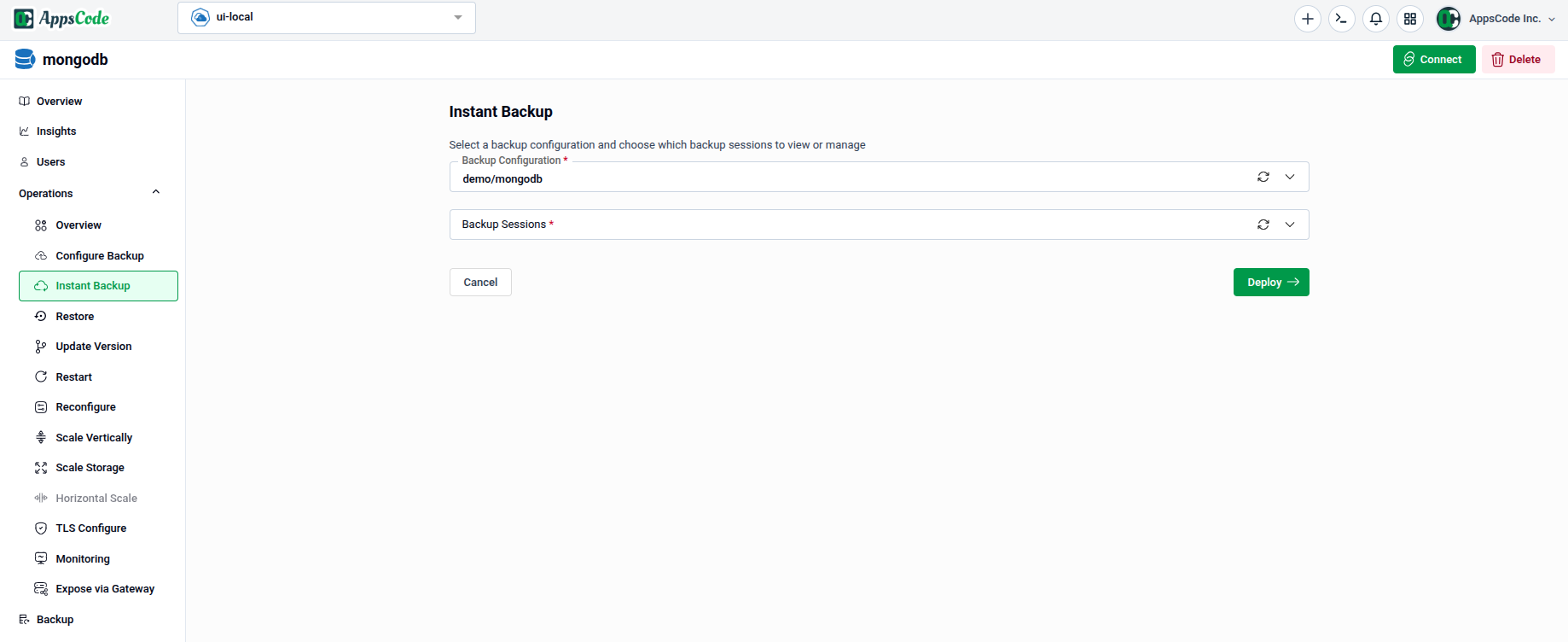 Instant Backup form showing Backup Configuration and Backup Sessions fields