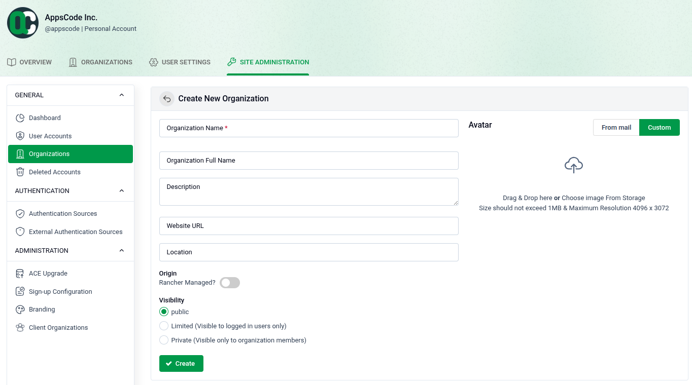 Create New Organization