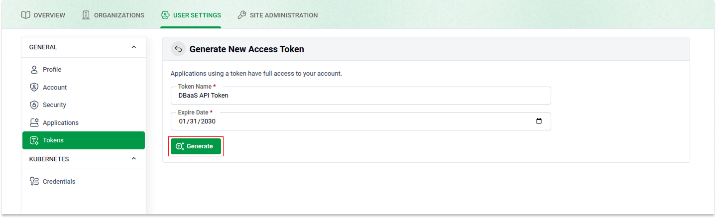 Create token options