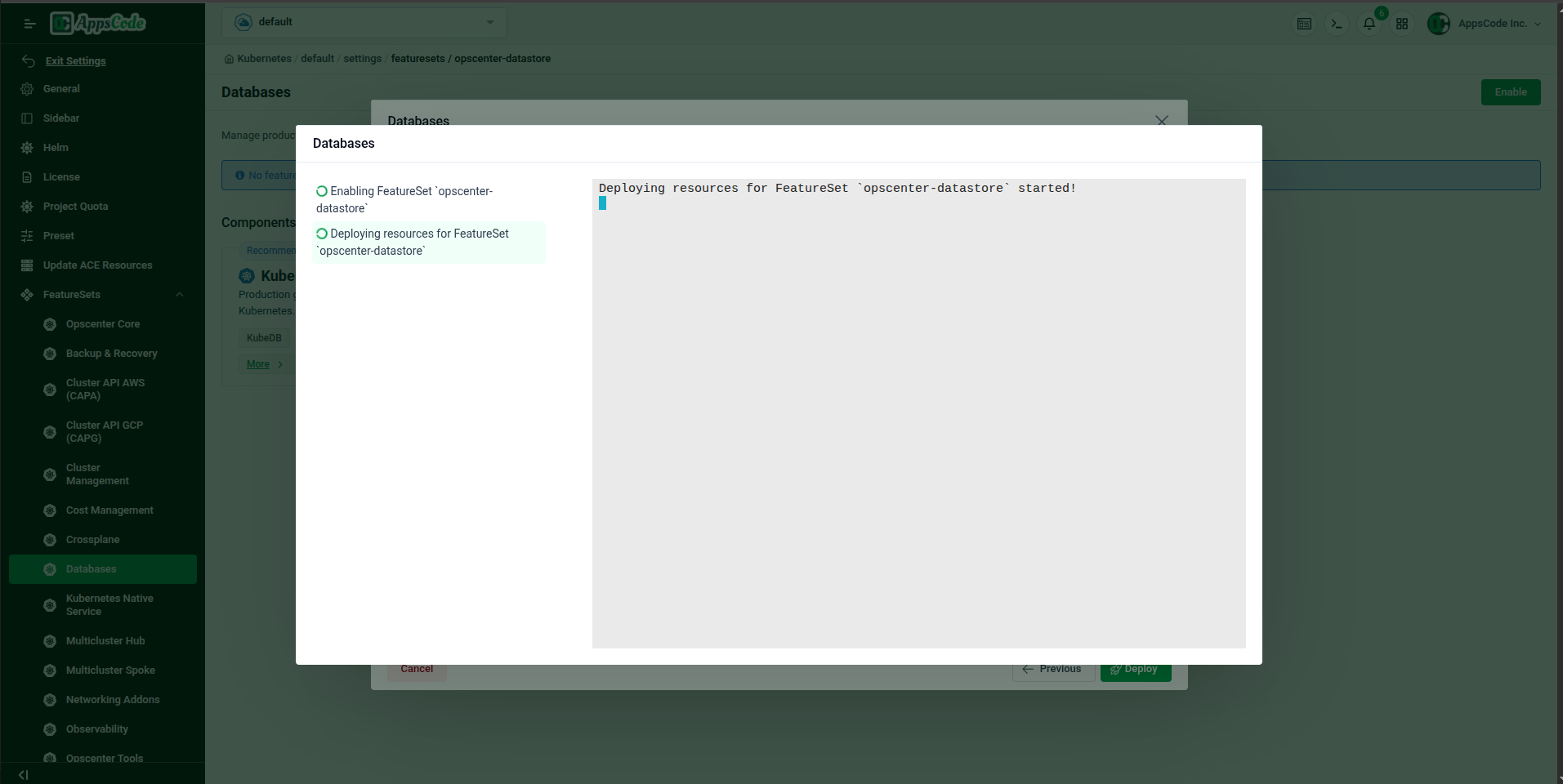Databases deploy progress modal showing live log output