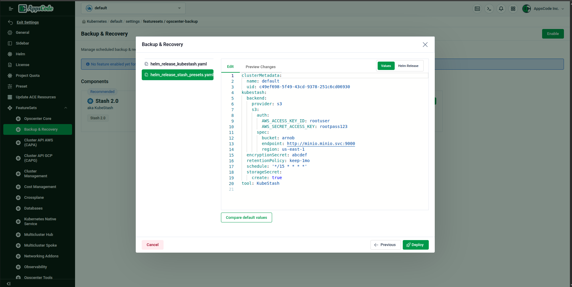 Values preview — Helm release YAML editor with Edit/Preview Changes tabs and Deploy button