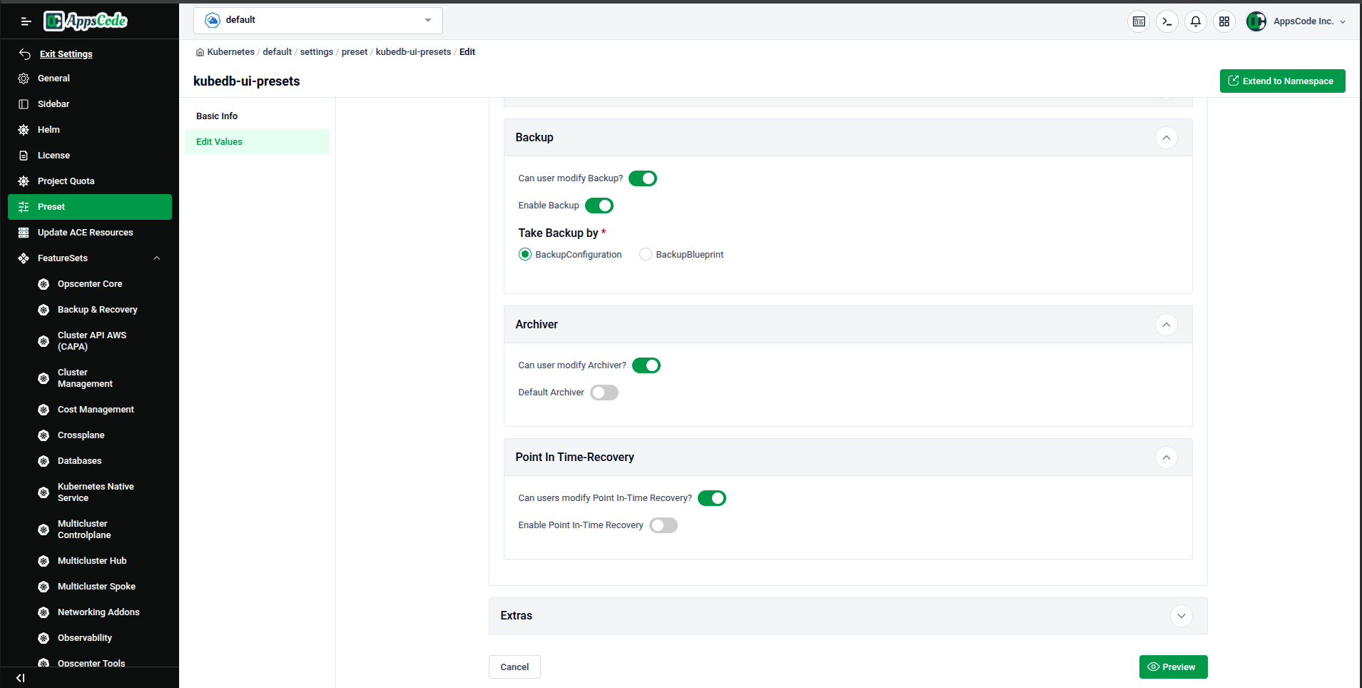 Backup and Archiver settings — Point In Time Recovery configuration