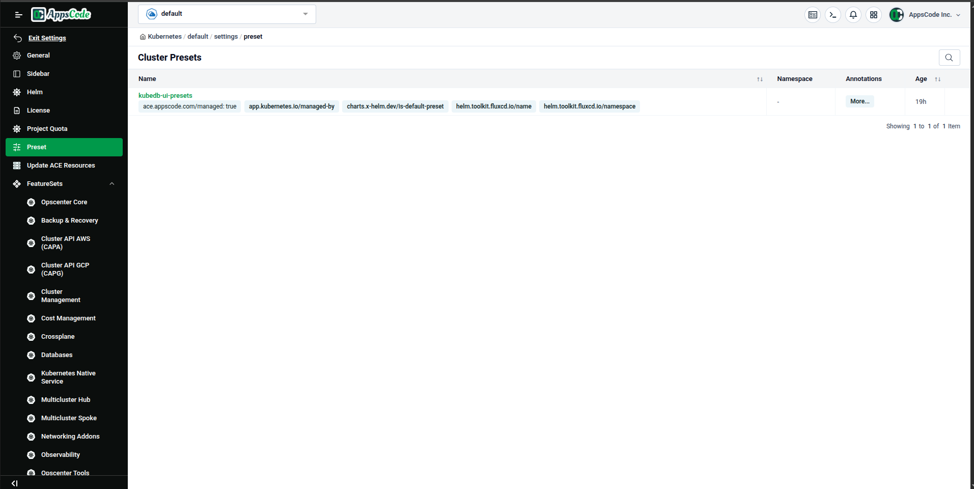 Cluster Presets list page — showing presets with their names, annotations, and age