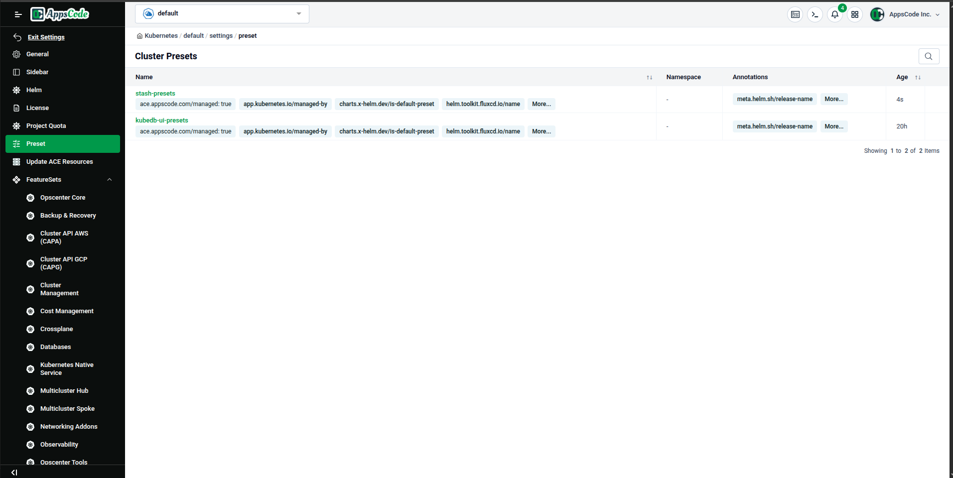 Cluster Presets list after enabling a new Feature Set — &ldquo;stash-presets&rdquo; and &ldquo;kubedb-ui-presets&rdquo; visible