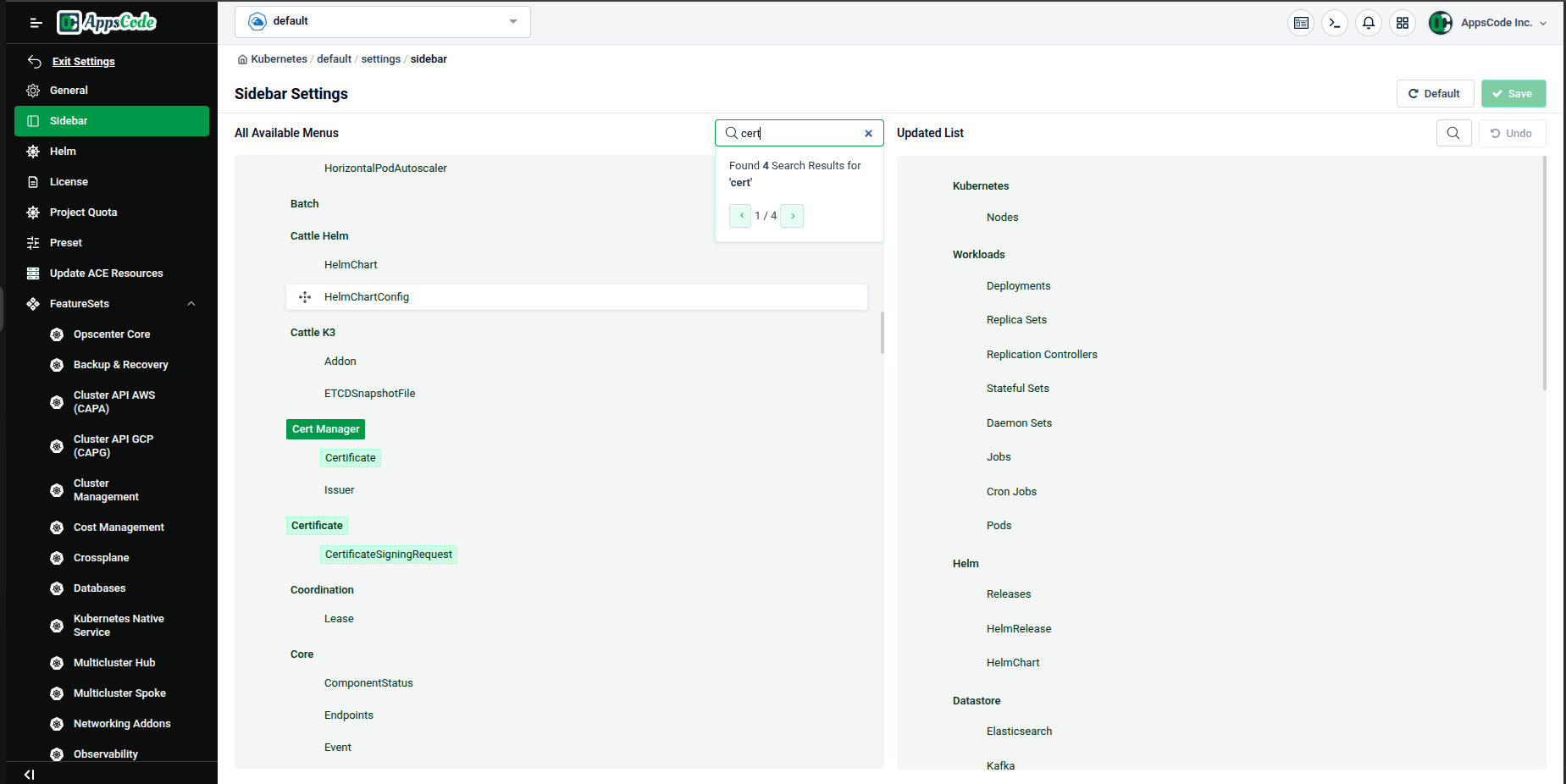 Search bar in action — typing &ldquo;cert&rdquo; narrows the list and highlights matching resources