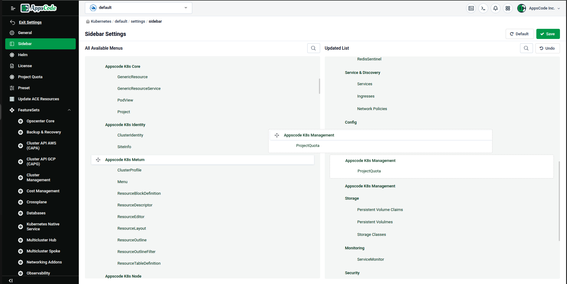 Dragging &ldquo;ProjectQuota&rdquo; from Available Menus into the Updated List