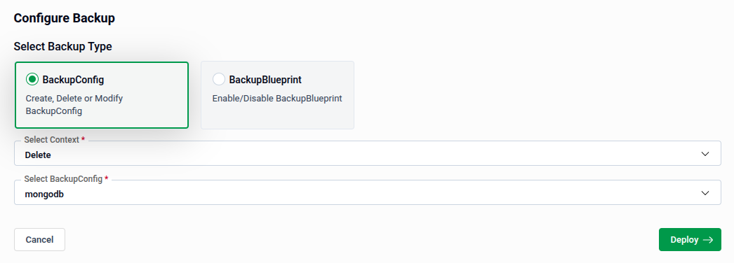 Delete BackupConfig form with configuration selection