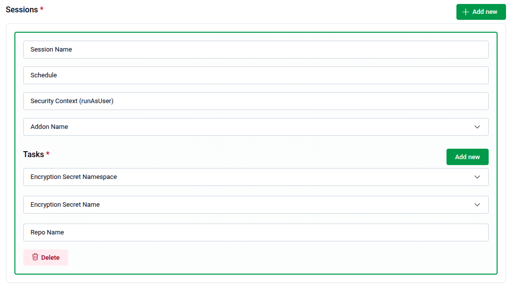 Sessions panel showing a session entry with Session Name, Schedule, Security Context, Addon Name, and Tasks fields
