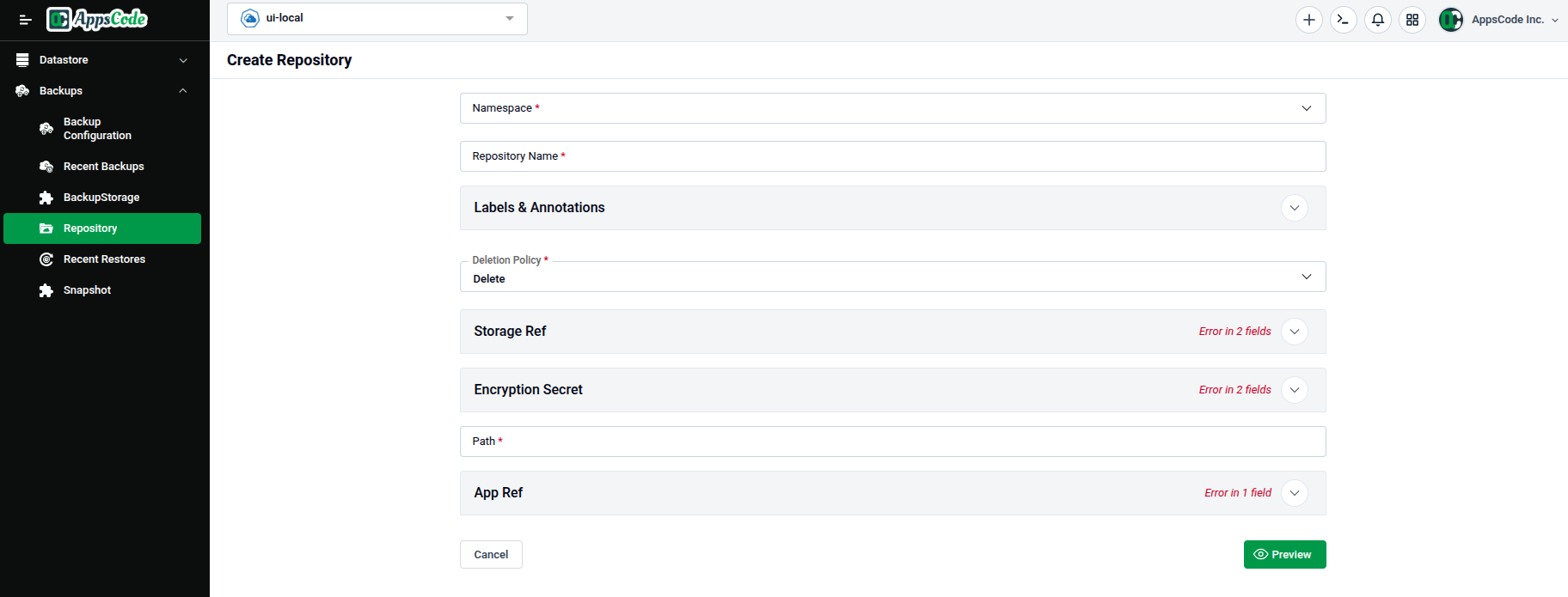 Create Repository form showing Namespace, Repository Name, Labels & Annotations, Deletion Policy, Storage Ref, Encryption Secret, Path, and App Ref sections