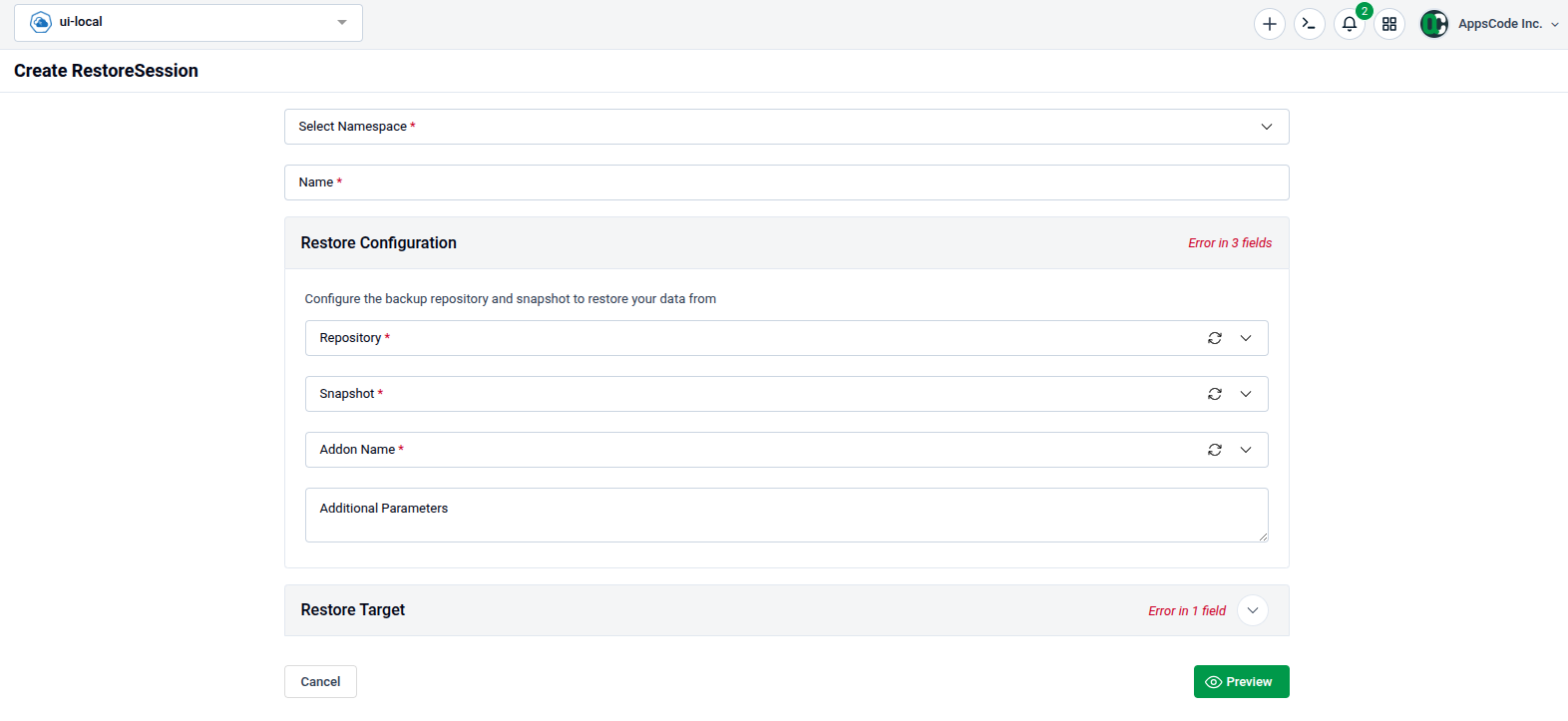 Create Restore form showing Namespace, Labels & Annotations, Source Snapshot, and Target Database sections