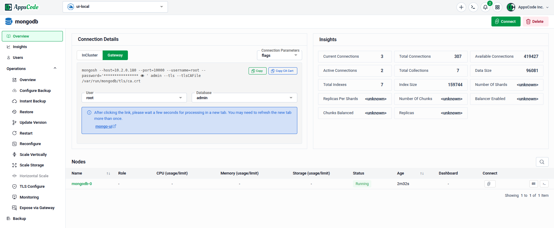 Database Overview page showing Connection Details, Insights summary panel, and Nodes table