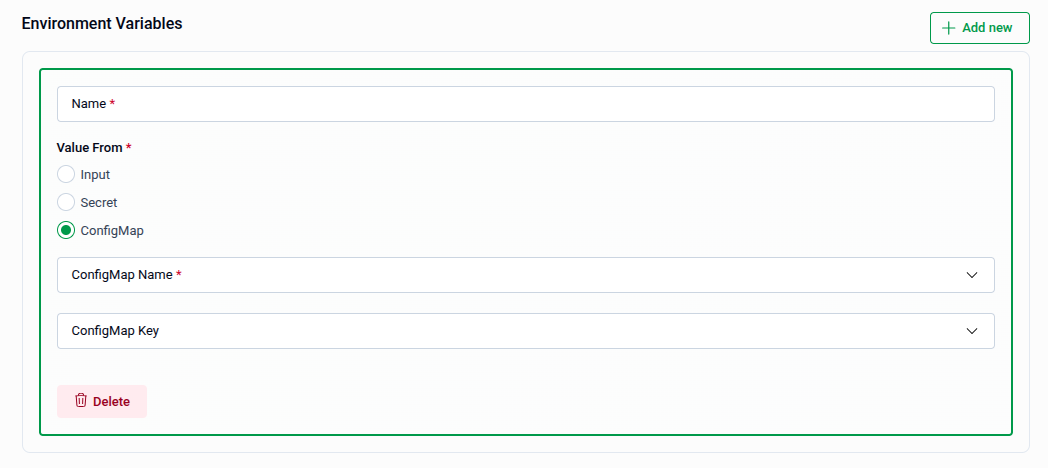 Environment Variable with ConfigMap source selected, showing ConfigMap Name and ConfigMap Key fields