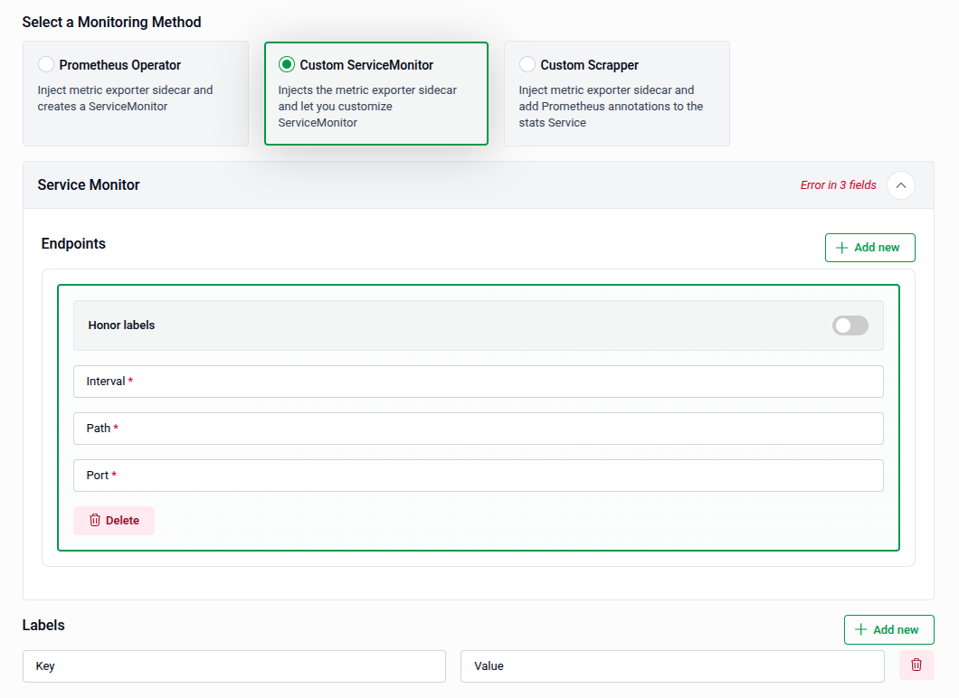 Custom ServiceMonitor method selected showing Endpoints panel with Honor Labels, Interval, Path, and Port fields, and a Labels section