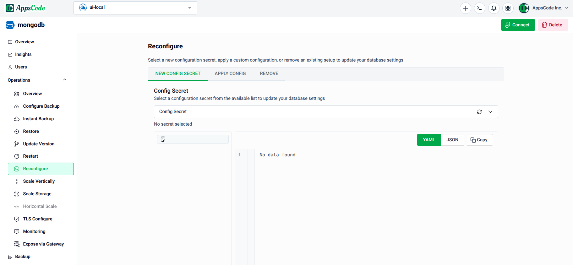 Reconfigure form showing the three operation tabs: New Config Secret, Apply Config, and Remove