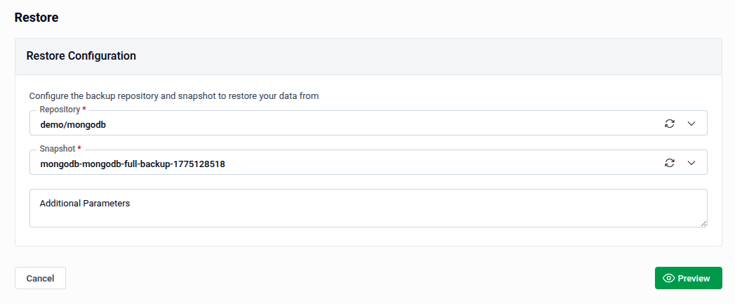 Restore Configuration form with Repository and Snapshot fields