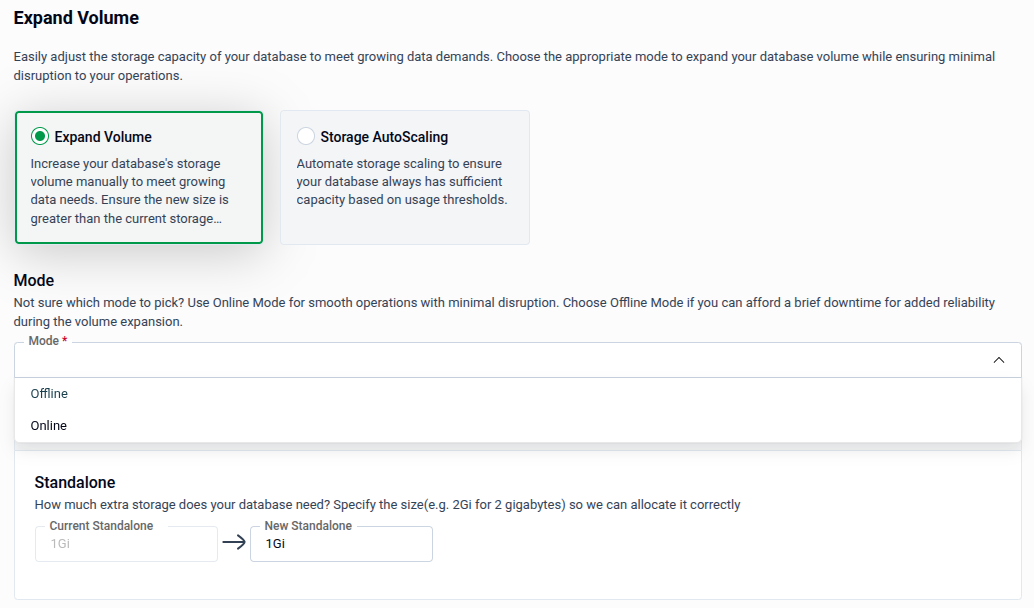 Expand Volume method selected showing Mode dropdown and Standalone current-to-new storage size input